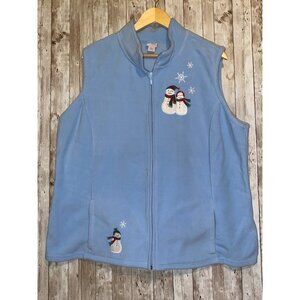 Holiday Edition Fleece Jacket Vest Embroidered Snowman Blue Zip Up Size XXl 2X